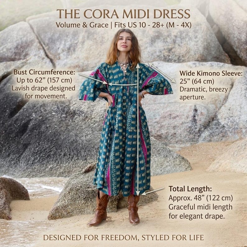 Size infographic for The Cora Midi Dress in Peacock Rose featuring a model wearing the oversized cotton boho midi dress with measurement details. The chart highlights up to 62” bust circumference, approximately 48” midi length, and dramatic wide kimono sleeves. Teal and magenta artisan print fabric flows effortlessly with a relaxed silhouette designed for movement, comfort, and inclusive plus size bohemian styling.