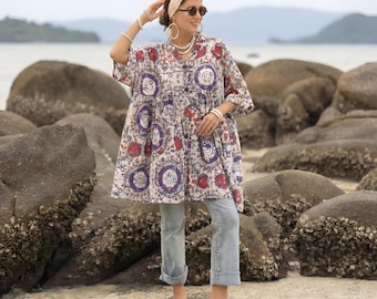 Bellina Tunika i Bärblå – Plus Size Bomull Boho Topp med Fickor