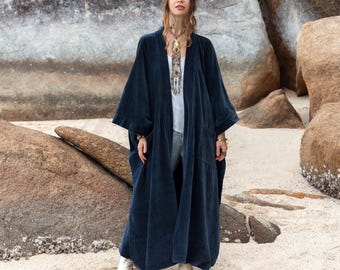 Plus Size Velvet Kimono – Midnight Indigo Boho Duster, Luxe Winter Spring Wrap, Festival & Party Coat, Best Gift for Her – Harper Jade