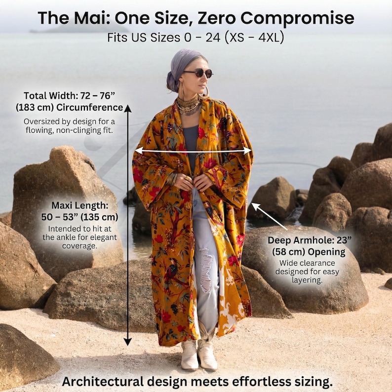 Sizing guide infographic for the "Mai" velvet kimono. Text reads: "The Mai: One Size, Zero Compromise. Fits US Sizes 0 - 24 (XS - 4XL)." Arrows indicate measurements: "Total Width: 72 – 76” (183 cm) Circumference" for a flowing fit; "Maxi Length: 50 – 53” (135 cm)" hitting at the ankle; and "Deep Armhole: 23” (58 cm) Opening" for easy layering. Caption at bottom: "Architectural design meets effortless sizing." Model is shown wearing the gold floral duster.