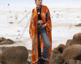Harper Jade Vintage Seide Kimono - Ernte Flamme Boho Patchwork Duster | ZinniaPerle