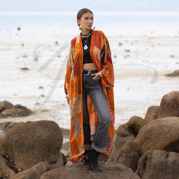 【美品】即完売 DRESS HIPPY FISHERMAN COAT Harper Jade Vintage Silk Kimono – Harvest Flame Upcycled Boho