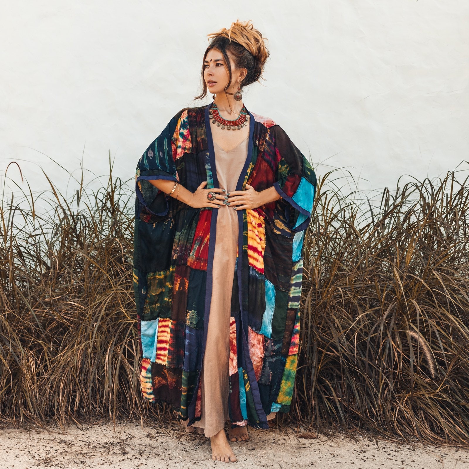 Women's Plus Size Tie-dye Patchwork Kimono Duster | Vibrant