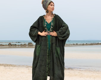 Veda -  Ethereal Splendor - Handcrafted Plus Size Patchwork Kimono Duster - A Vintage-inspired Masterpiece"