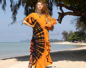 Vestido caftán maxi teñido a mano – Jersey de algodón estilo boho resort / Ema