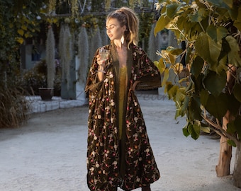 Misty Enchantment Long Velvet Kimono Duster Coat - One Plus Size Luxury for Special Events