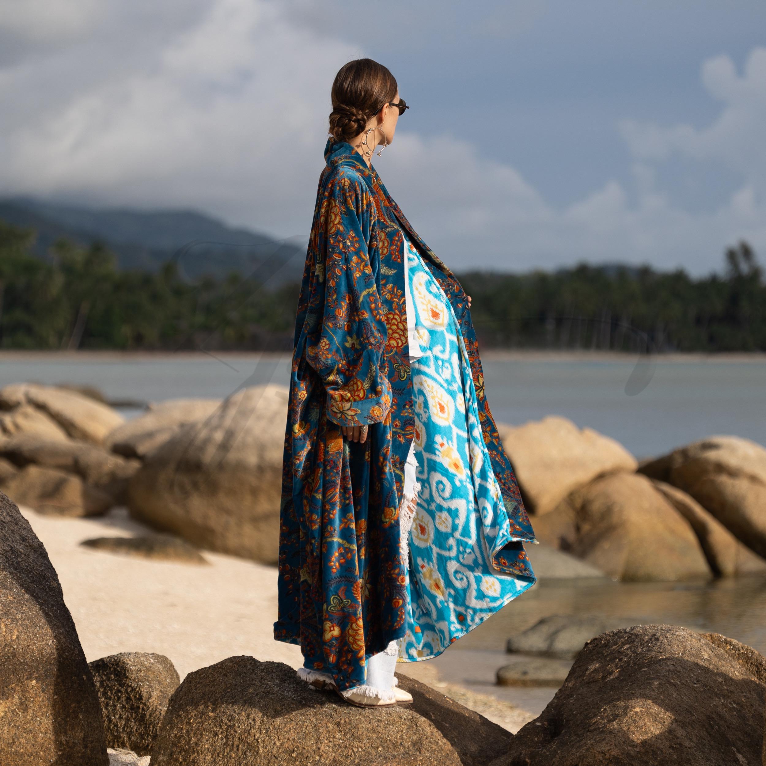 Boho Velvet Kimono Robe - Teal Harvest Floral Duster, Plus Size