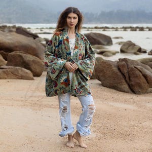 Plus Size Velvet Kimono Jacket: Sage Green Floral Boho Coat - Mei