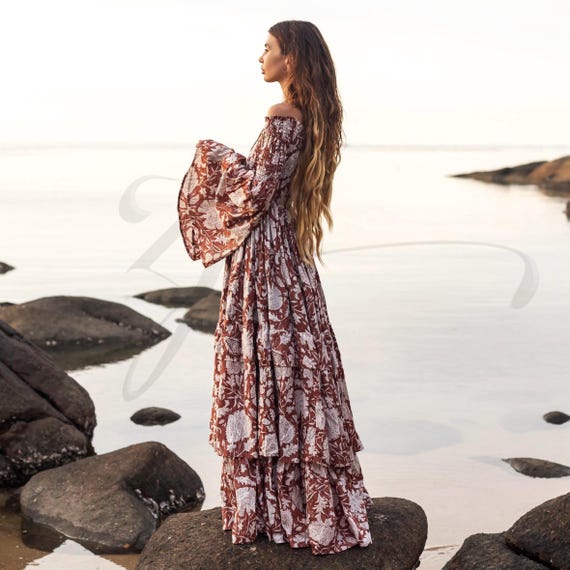 Boho Off-shoulder Cotton Maxi Dress: Cinnamon Petal Floral Gown