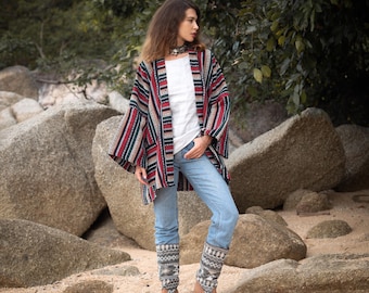 Plus Size Handwoven Kimono Jacket: Boho Rustic Cotton Coat