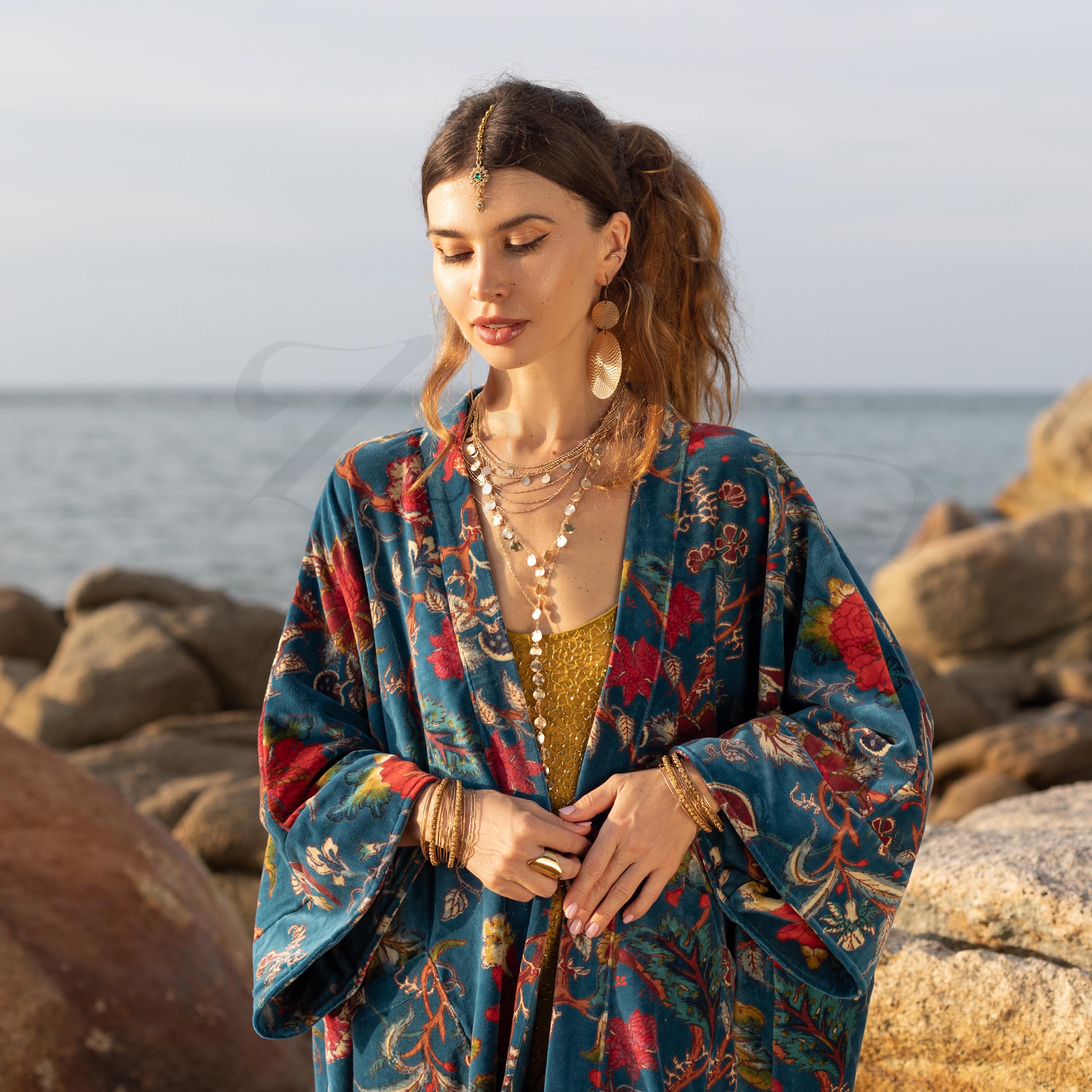 Plus Size Velvet Kimono Duster: Cyan Oasis Floral Boho Robe