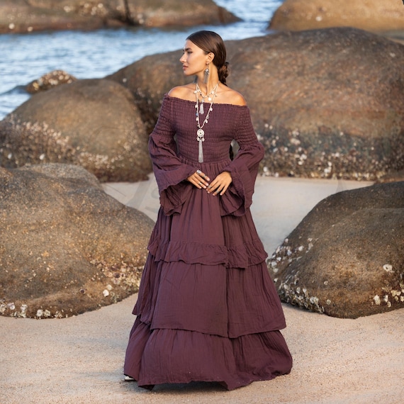Boho Bridal Maxi Dress: Moonlit Mulberry Cotton Off-Shoulder Gown
