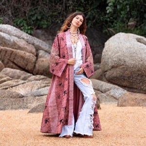 Harper Heirloom Reversible Quilted Silk Kimono | Rose Ink Vintage Kantha Duster Coat