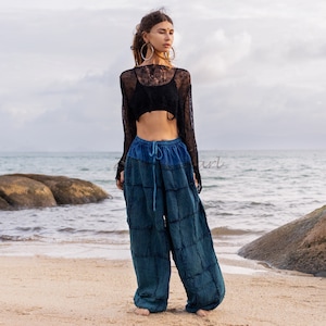 Wide-Leg Patchwork Cotton Pants: Boho Plus Size Festival Trousers - Cheasa