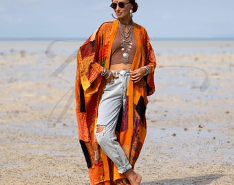 Harper Jade Vintage Seide Kimono - Boho Patchwork Duster in Golden Sundara | Upcycling Kimono