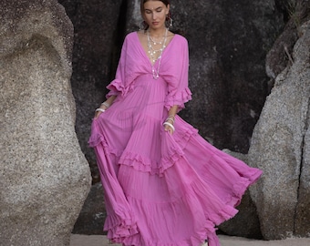 Pink Paloma One Size Bridal Boho Wedding Dress | Ruffle Sleeve Cotton Maxi – Beata