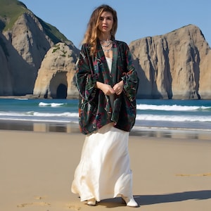 Mei Emerald Rust Velvet Kimono | Artisan Boho Jacket | Plus Size