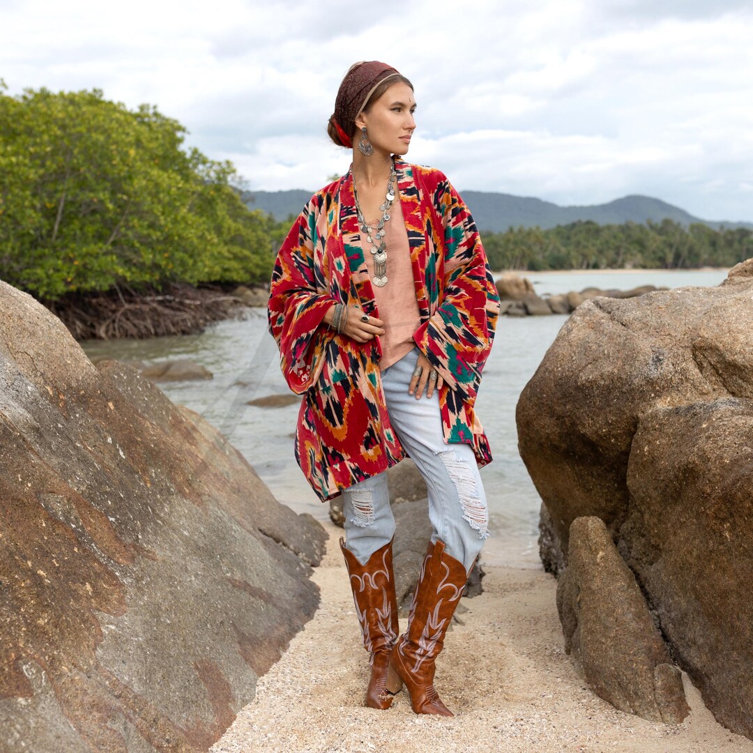 Sangria Red Velvet Jacket - Reversible Ikat Kimono Coat, Plus Size