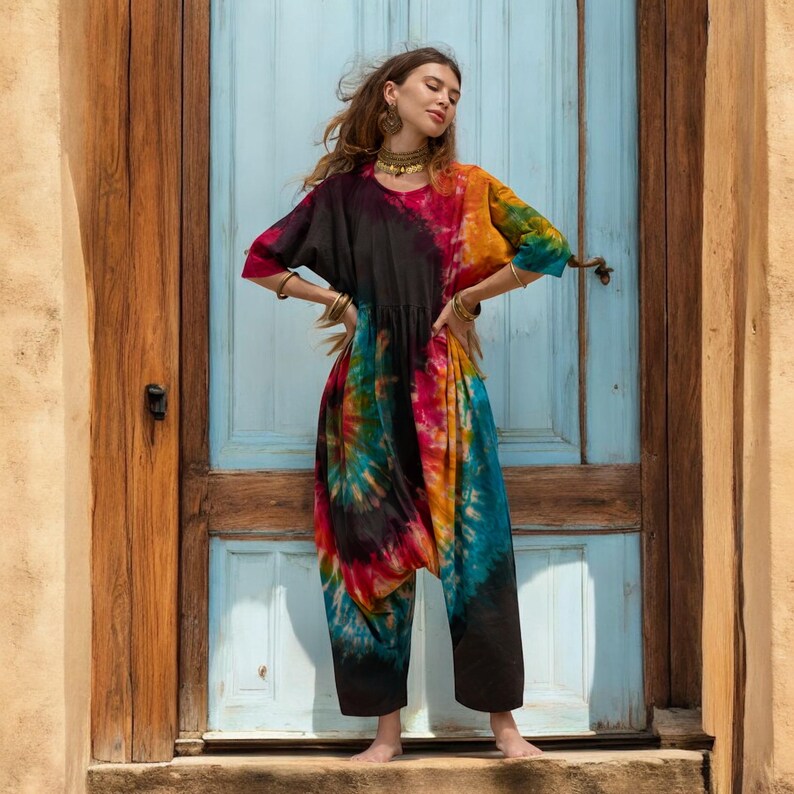 Handmade tie-dye onesie in premium cotton, created for plus size comfort and everyday ease. Boho-style summer jumpsuit with artisan detailing, side pockets, and relaxed fit. Ideal for travel, creative living, beach lounging, or slow fashion lovers looking for soulful, statement-making attire.