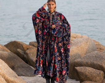 Sapphire Floral Velvet Kimono - Long Boho Statement Jacket Plus Size | Harper Jade