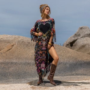 Plus Size Boho Tie-Dye Fringe Poncho – Handmade Cotton Kaftan | Arlo
