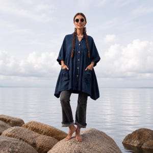 Aria Tunika - Midnight Tide Boho Kaftan aus Baumwolle | Plus Size Oversized Tunika mit Taschen