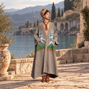 May include: A long, open-front grey robe featuring a hand-painted landscape design on the front panels. The artwork depicts snow-capped mountains, green forests, and a blue sky with clouds. The garment has long, wide sleeves and two front pockets.