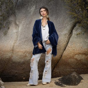 Plus Size Velvet Kimono Jacket: Sapphire Blue Boho Coat - Mei