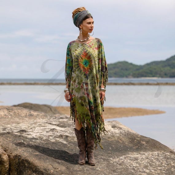 The Arlo Tunic | Earth Tone Tie Dye Kaftan, Soft Cotton Jersey Rust Green Boho Dress, Nature Inspired Loungewear
