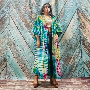 Cypress Hand Tiedye Boho Cotton Festival Tie Dye Maxi Dashi Kimono Duster Cardigan One Size One Plus Size XXXL Beach Coverup