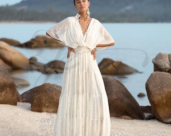 Embroidered Sequin Wedding Dress, Deep V-Neck Boho Maxi Bridal Gown | Bianca