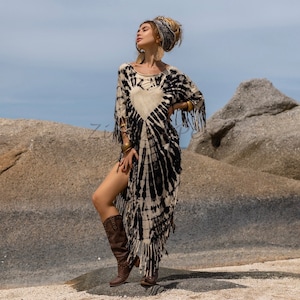 Boho Tie-Dye Fringe Tunic Dress – Plus Size Festival Kaftan Poncho, Flowy Beach Cover-Up, Hippie Chic Outfit | Sacred Heart Arlo by ZP