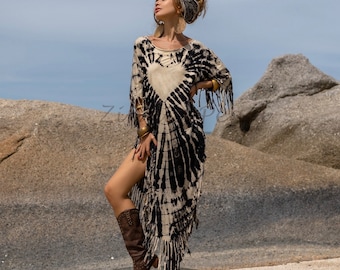 Boho Tie-Dye Fringe Tunic Dress – Plus Size Kaftan Cover-Up | Arlo