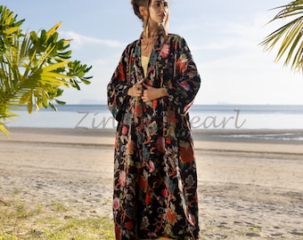 Cotton Velvet Kimono Coat: Floral Maxi Duster with Pockets - Mai