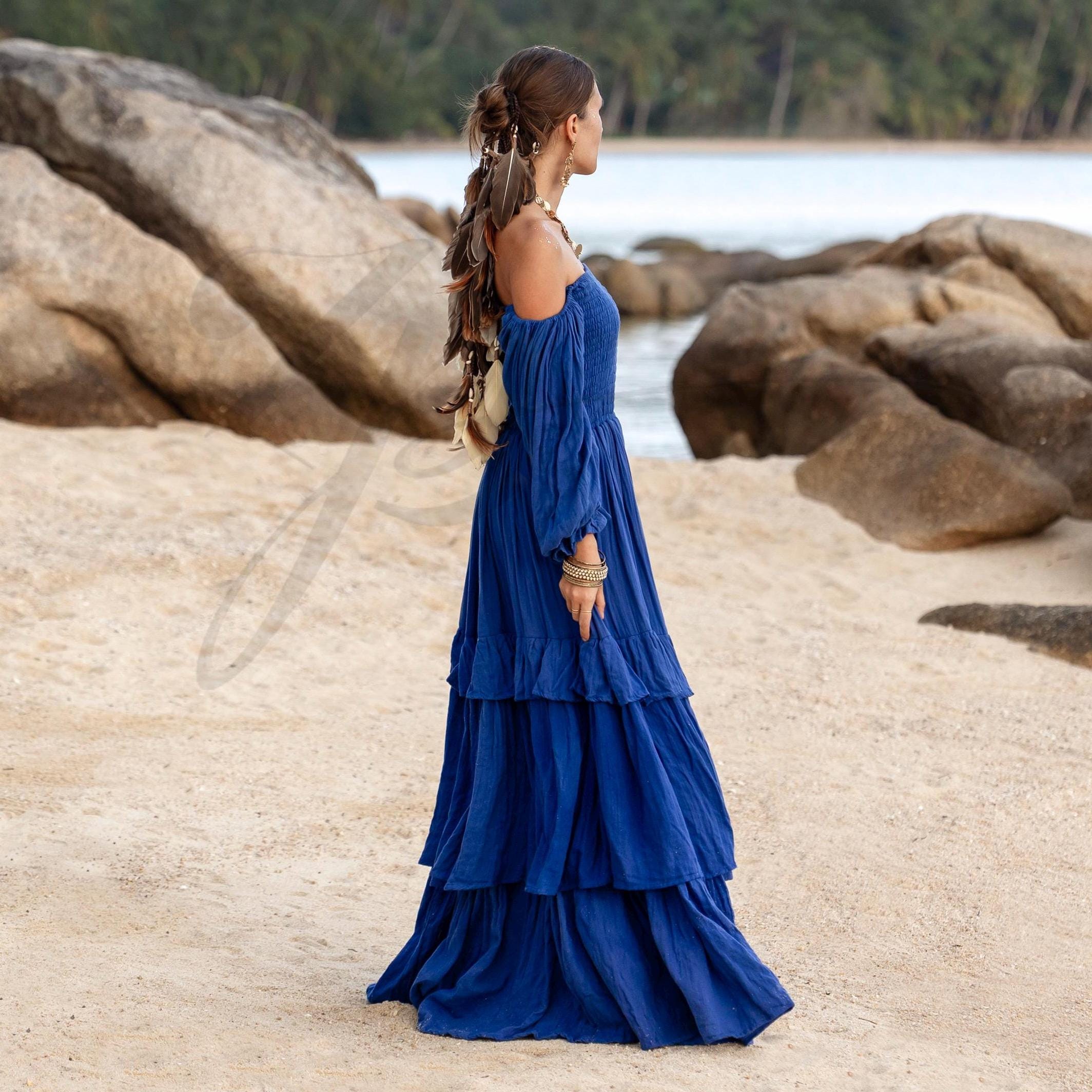 bohemian blue dress Joyfolie Women's Nerina Dress in Dusty Blue, Extra Extra Small