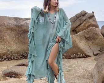 Kimono caftán de malla color espuma de mar – Vestido playero bohemio transparente / Ondine