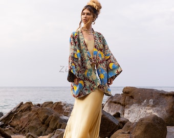 Giacca kimono in cotone ricamato Boho: design floreale vintage, taglie forti - Mari