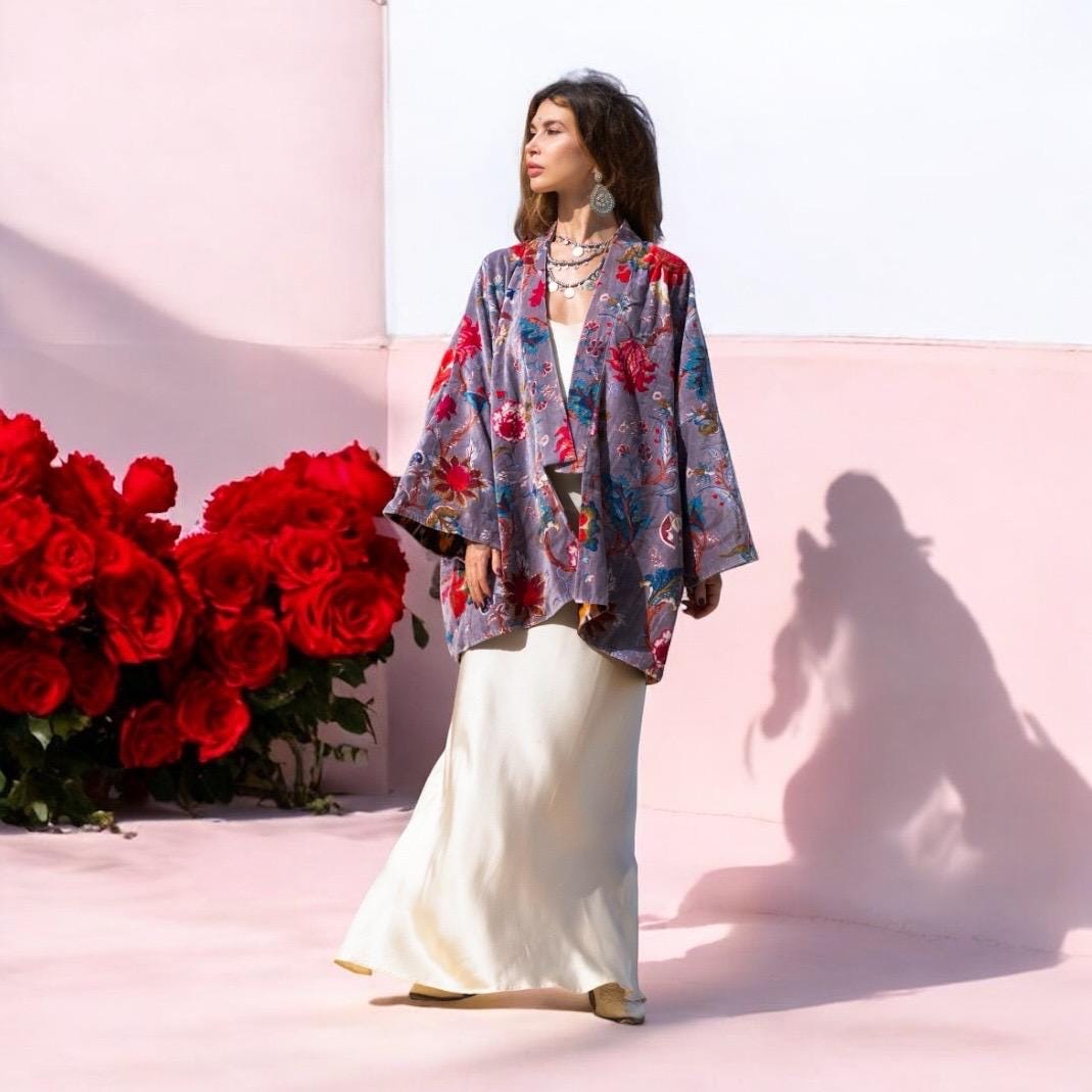Luxury Velvet Robe Kimono Jacket – Boho Chic Floral Layer Luxury Velvet Robe Kimono Jacket – Boho Chic Floral Layer