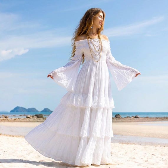white beach dresses with sleeves White Chiffon Ruffless Sleeves V neck Summer Beach Wedding Dress