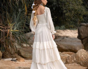 Long Sleeve Flowy Boho Wedding Dress Handmade Smocked Boho Off Shoulder  Dress/Beach Maxi Dress/Boho