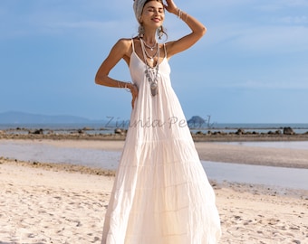 Savita Wedding Dress Boho Beach Engagement Bridal Gown Bohemian Festival Smock Maxi Dress Elegant Minimalist Classic Raw Cotton One Size