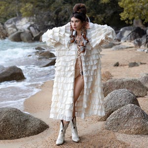 Ruffled Cotton Kimono Duster: Boho Beach Resort Wear - Charm