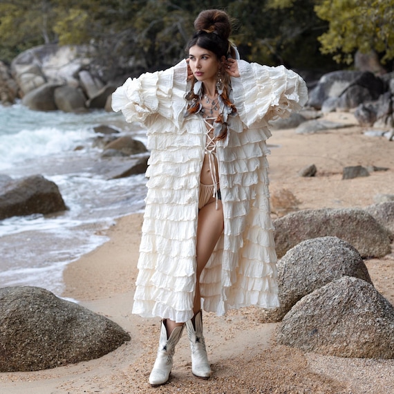 cotton duster dress The Swan Ruffled • Tiered Raw Robe • Boho Bridal Kimono Collection: FINEST HOUR 12 details and care old fashioned cotton house dresses Eliza J Blue Floral Style:A25DR1590155999B