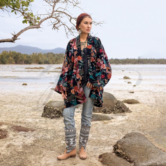 Velvet Kimono Duster – Nocturne Flora Boho Jacket | Mei by ZinniaPearl