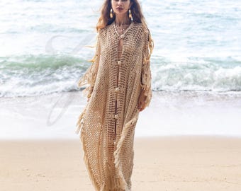 Plus Size Crochet Kimono Duster: Boho Fringe Cotton Cover-Up - Darlington