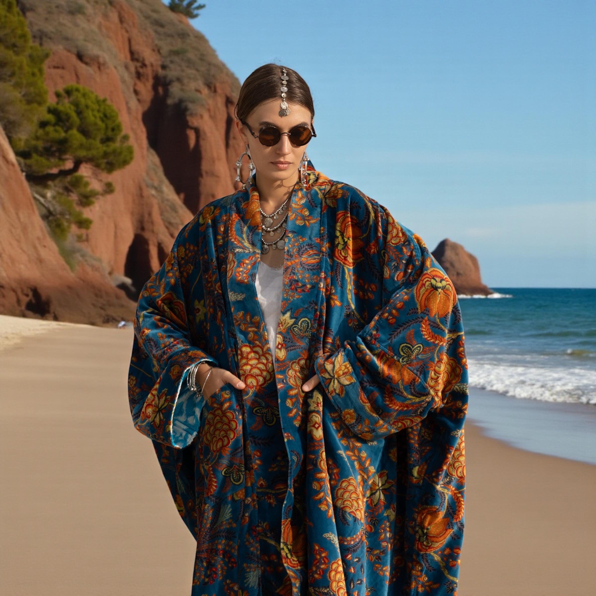 Boho Velvet Kimono Robe - Teal Harvest Floral Duster, Plus Size
