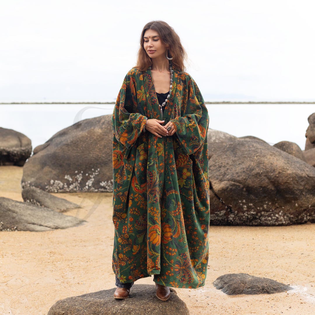 Jade Robe With Pockets Autumn Garden Velvet Kimono Robe: Plus Size Boho Duster With Pockets ...