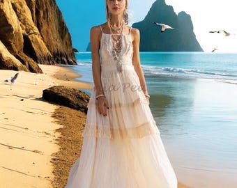 Ruffled Bohemian Wedding Gown: Raw Cotton Maxi Dress - Valentina