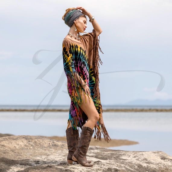 plus size boho tunic dress Plus Size Boho Tie-Dye Fringe Tunic Dress: Handmade Cotton Kaftan