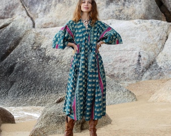 Robe midi bohème en coton Cora avec poches - Rose paon | ZinniaPerle